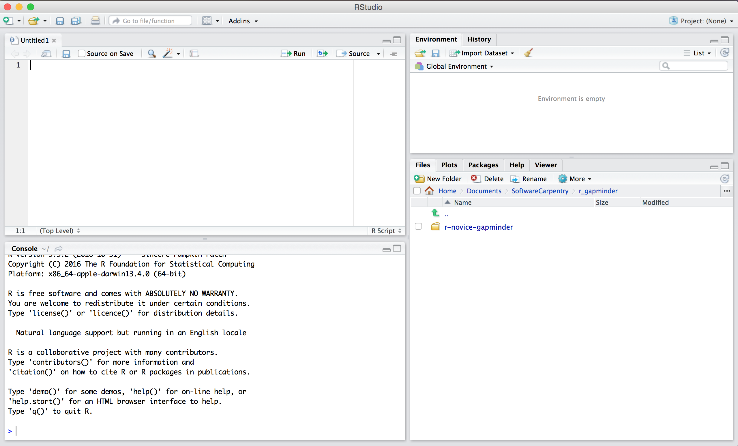 RStudio layout with .R file open